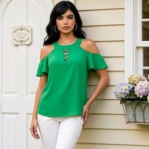 J/M Collection Cold-Shoulder Island Time Green Women's Top with Lace-Up Neckline